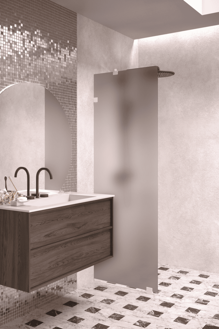 Fixed shower screen Hietakari Vetro 511, white fittings, brown satin glass Fixed shower screen Hietakari Vetro 511, white fittings, brown satin glass