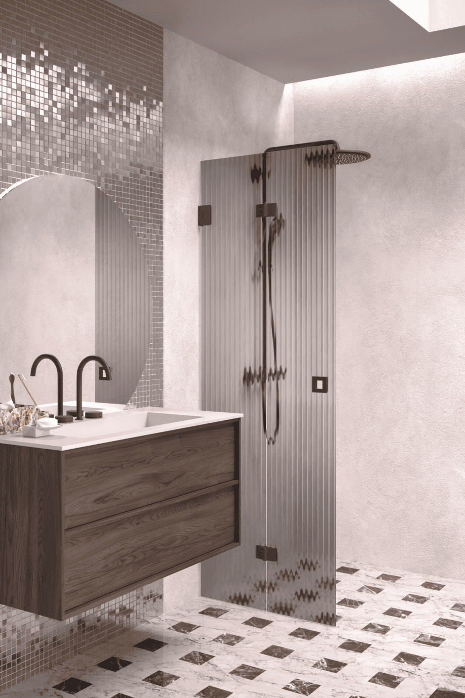 Folding shower screen Hietakari Vetro 513, Cocoa fittings, grey reeded glass Folding shower screen Hietakari Vetro 513, Cocoa fittings, grey reeded glass