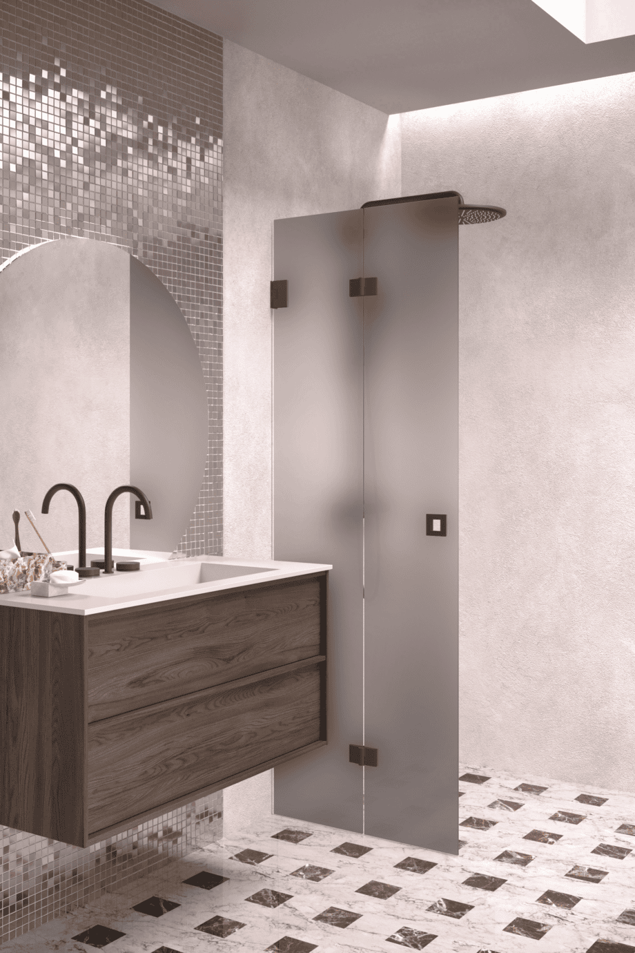 Folding shower screen Hietakari Vetro 513, Cocoa fittings, grey satin glass Folding shower screen Hietakari Vetro 513, Cocoa fittings, grey satin glass