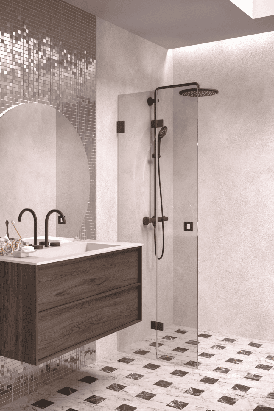 Folding shower screen Hietakari Vetro 513, Cocoa fittings, bronze tinted glass Folding shower screen Hietakari Vetro 513, Cocoa fittings, bronze tinted glass