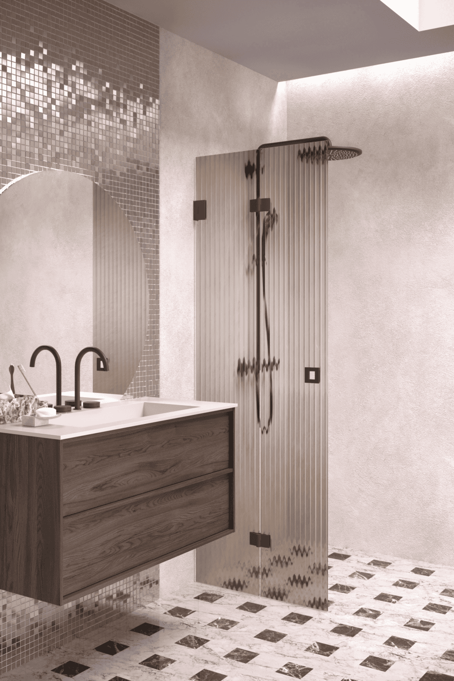 Folding shower screen Hietakari Vetro 513, Cocoa fittings, brown reeded glass Folding shower screen Hietakari Vetro 513, Cocoa fittings, brown reeded glass