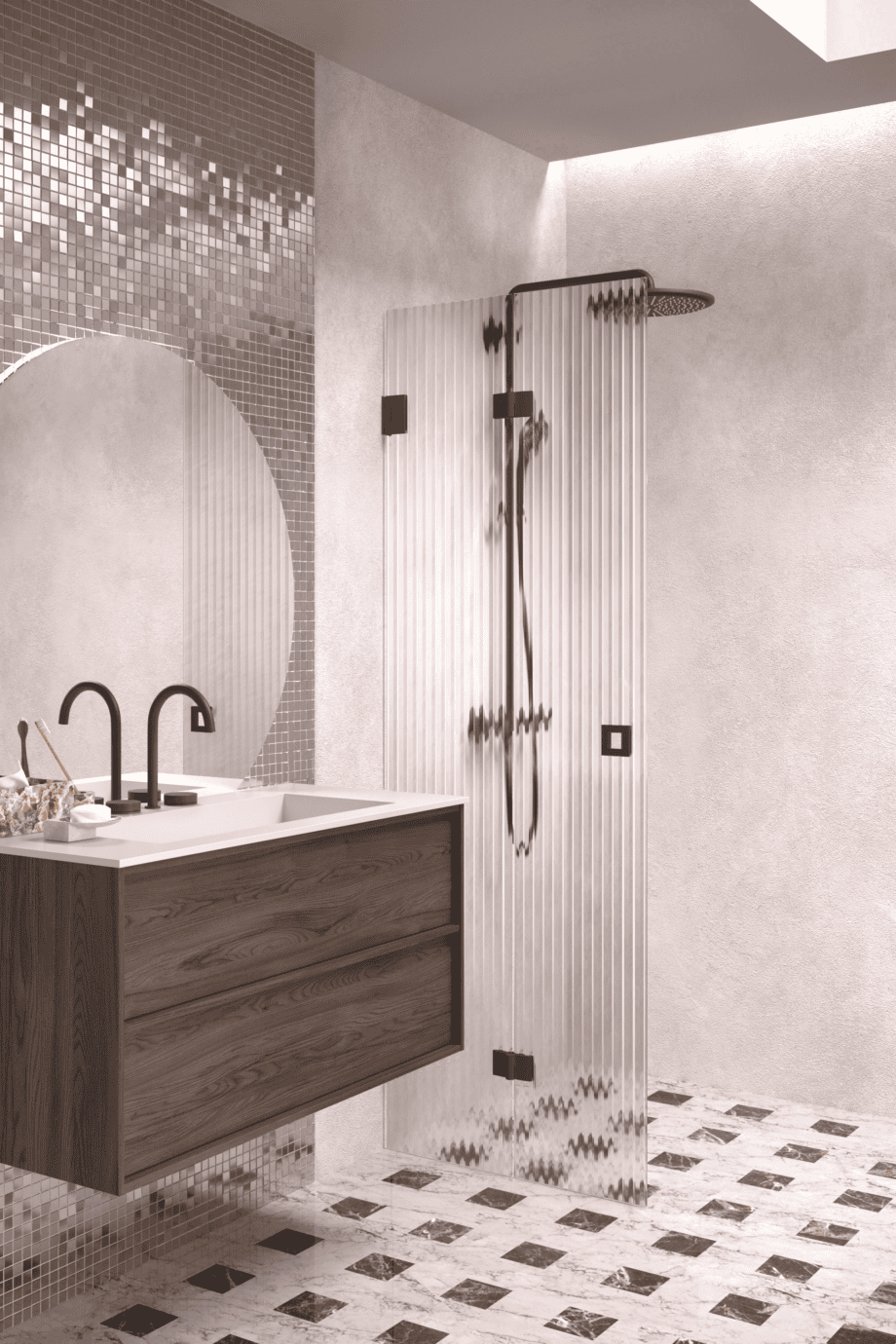 Folding shower screen Hietakari Vetro 513, Cocoa fittings, reeded glass Folding shower screen Hietakari Vetro 513, Cocoa fittings, reeded glass