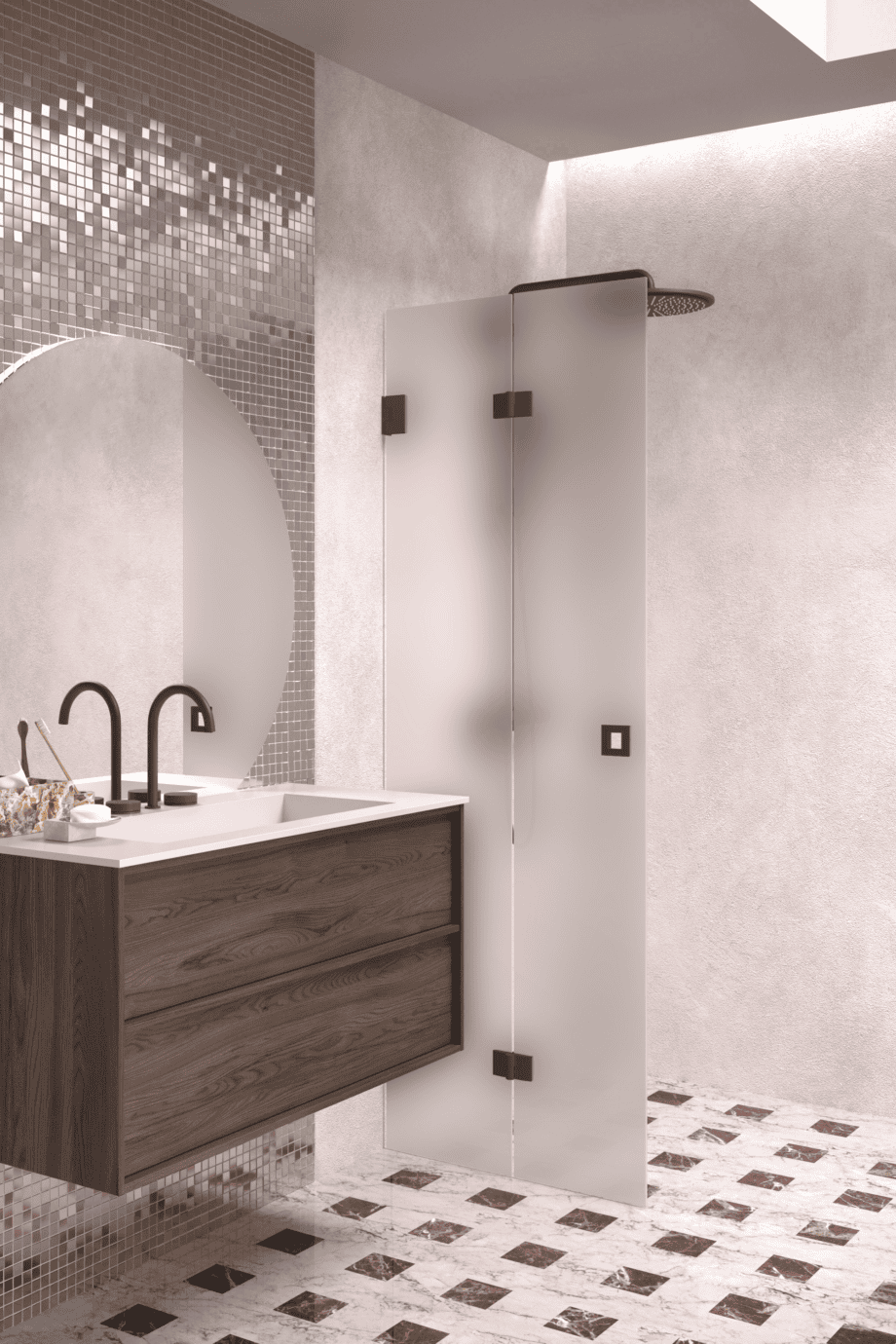 Folding shower screen Hietakari Vetro 513, Cocoa fittings, satin frosted glass Folding shower screen Hietakari Vetro 513, Cocoa fittings, satin frosted glass