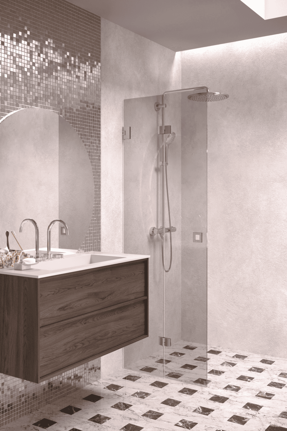Folding shower screen Hietakari Vetro 513, brushed fittings, grey tinted glass Folding shower screen Hietakari Vetro 513, brushed fittings, grey tinted glass