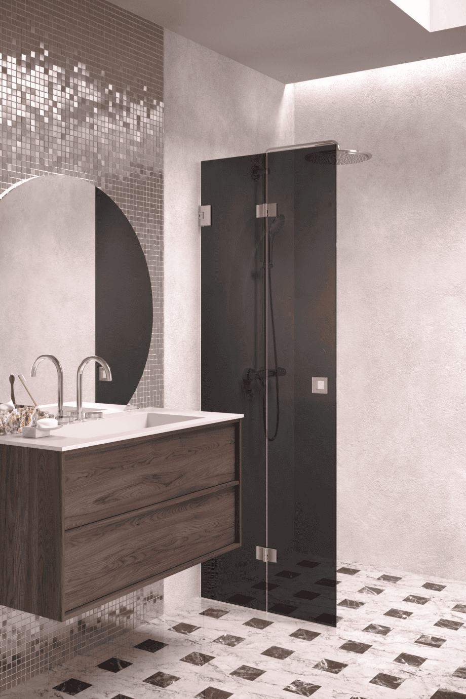 Folding shower screen Hietakari Vetro 513, brushed fittings, black glass Folding shower screen Hietakari Vetro 513, brushed fittings, black glass