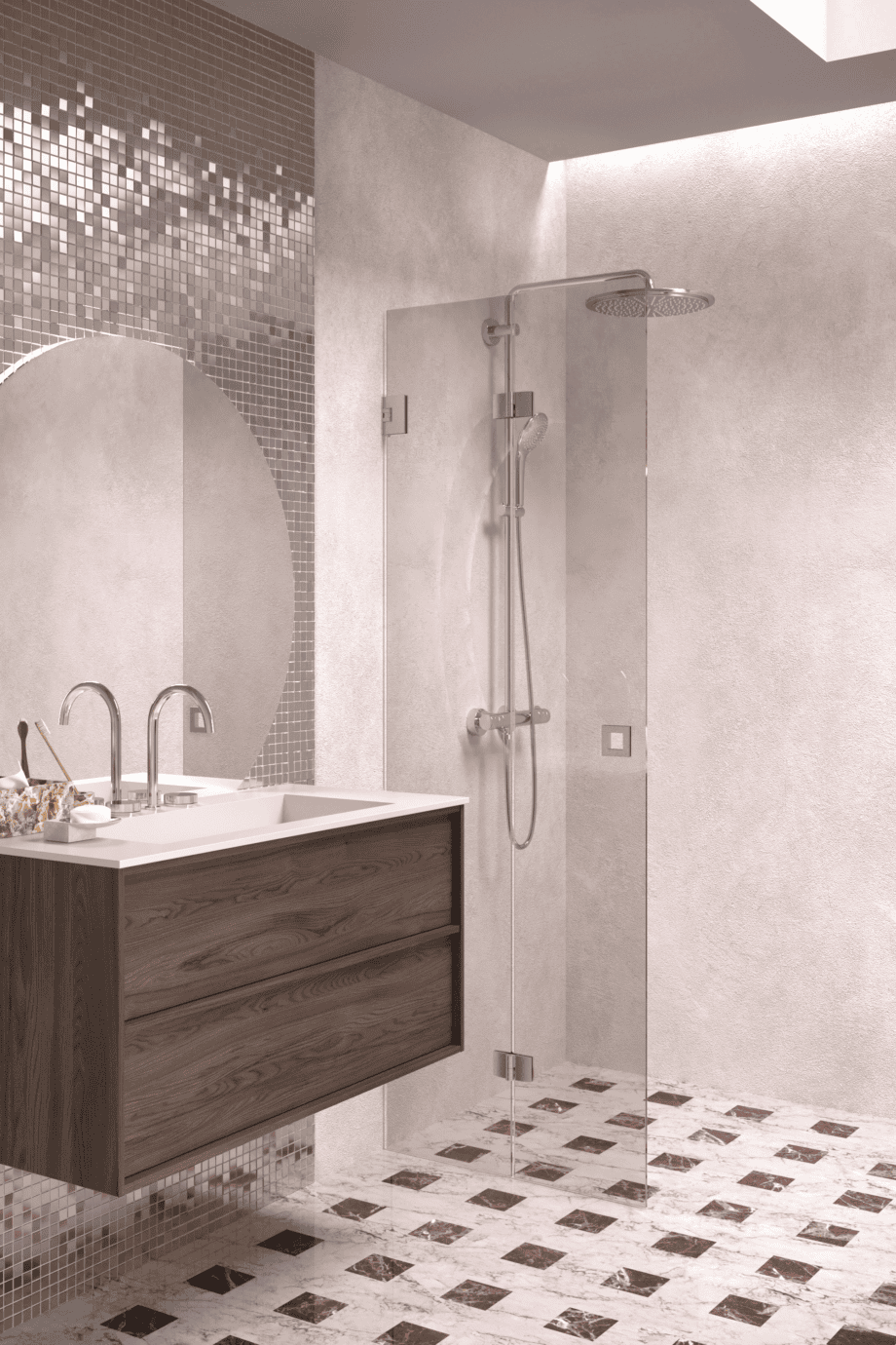 Folding shower screen Hietakari Vetro 513, brushed fittings, bronze tinted glass Folding shower screen Hietakari Vetro 513, brushed fittings, bronze tinted glass