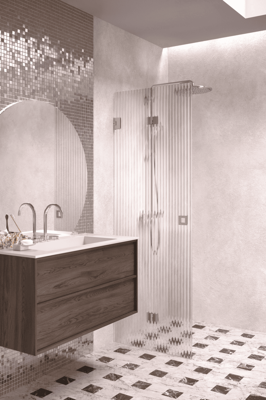Folding shower screen Hietakari Vetro 513, brushed fittings, reeded glass Folding shower screen Hietakari Vetro 513, brushed fittings, reeded glass