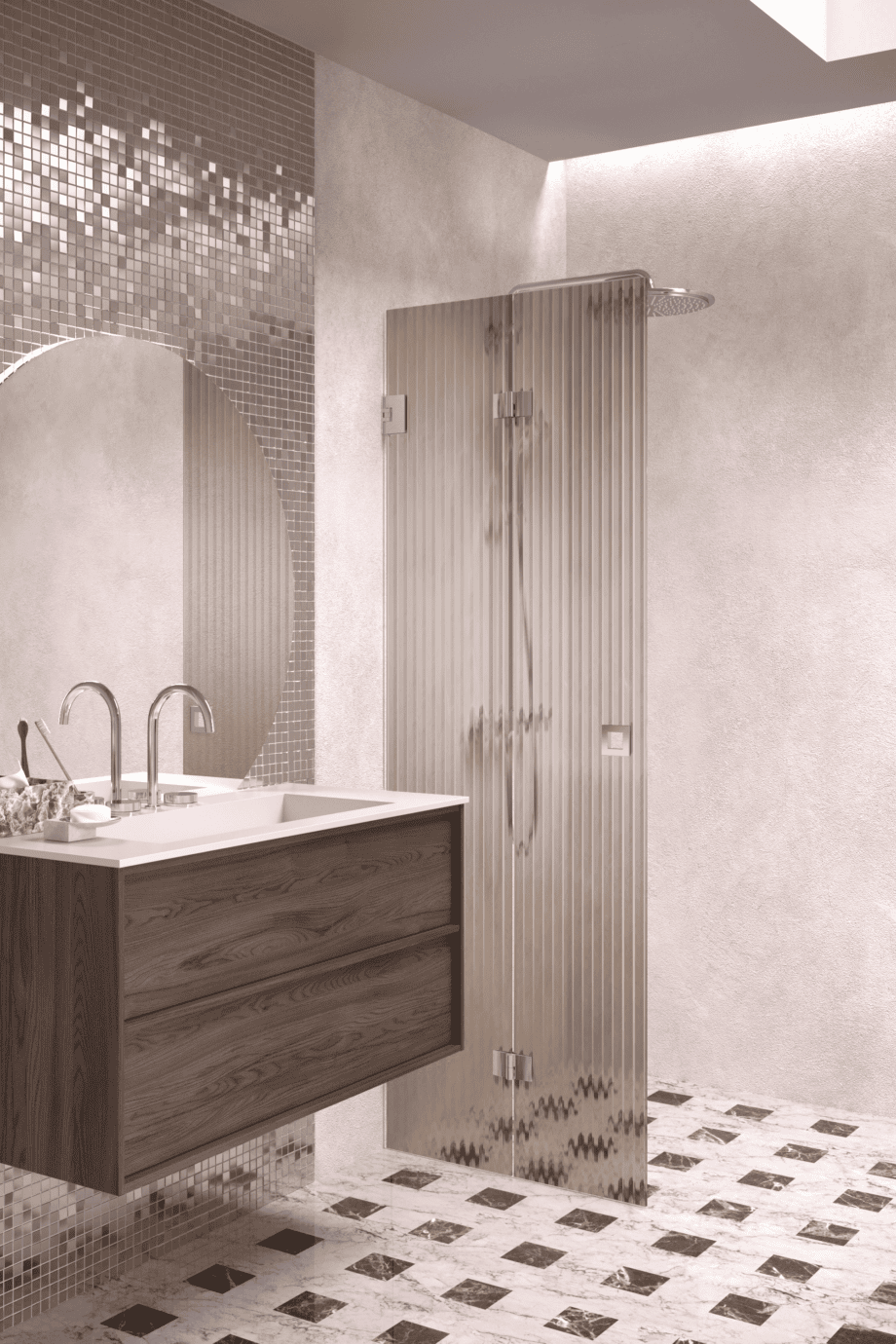 Folding shower screen Hietakari Vetro 513, chrome fittings, brown reeded glass Folding shower screen Hietakari Vetro 513, chrome fittings, brown reeded glass