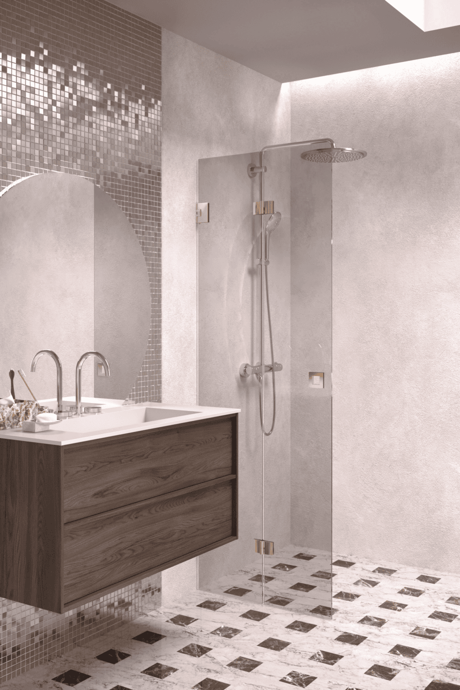 Folding shower screen Hietakari Vetro 513, brass fittings, grey tinted glass Folding shower screen Hietakari Vetro 513, brass fittings, grey tinted glass