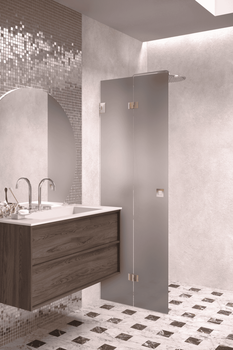 Folding shower screen Hietakari Vetro 513, brass fittings, grey satin glass Folding shower screen Hietakari Vetro 513, brass fittings, grey satin glass