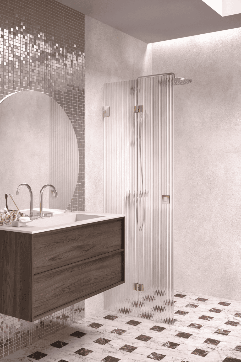 Folding shower screen Hietakari Vetro 513, brass fittings, reeded glass Folding shower screen Hietakari Vetro 513, brass fittings, reeded glass
