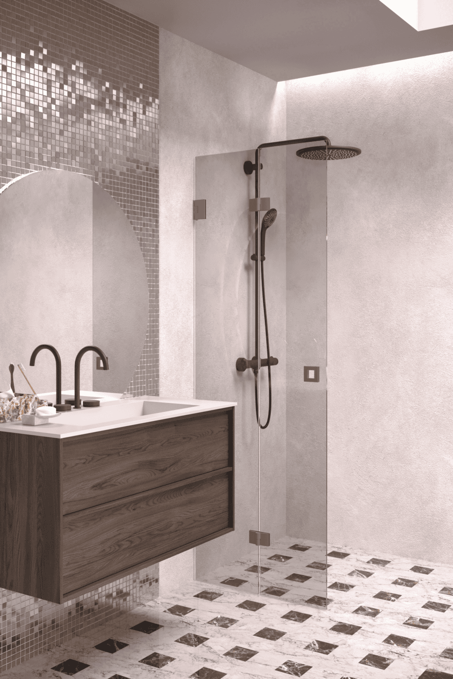Folding shower screen Hietakari Vetro 513, Mocha fittings, grey tinted glass Folding shower screen Hietakari Vetro 513, Mocha fittings, grey tinted glass