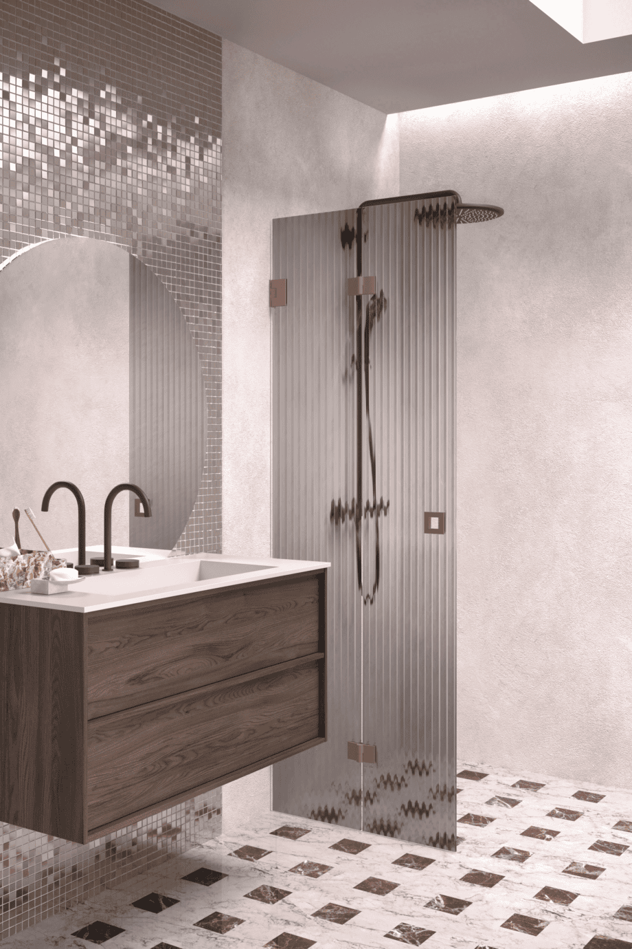 Folding shower screen Hietakari Vetro 513, Mocha fittings, grey reeded glass Folding shower screen Hietakari Vetro 513, Mocha fittings, grey reeded glass