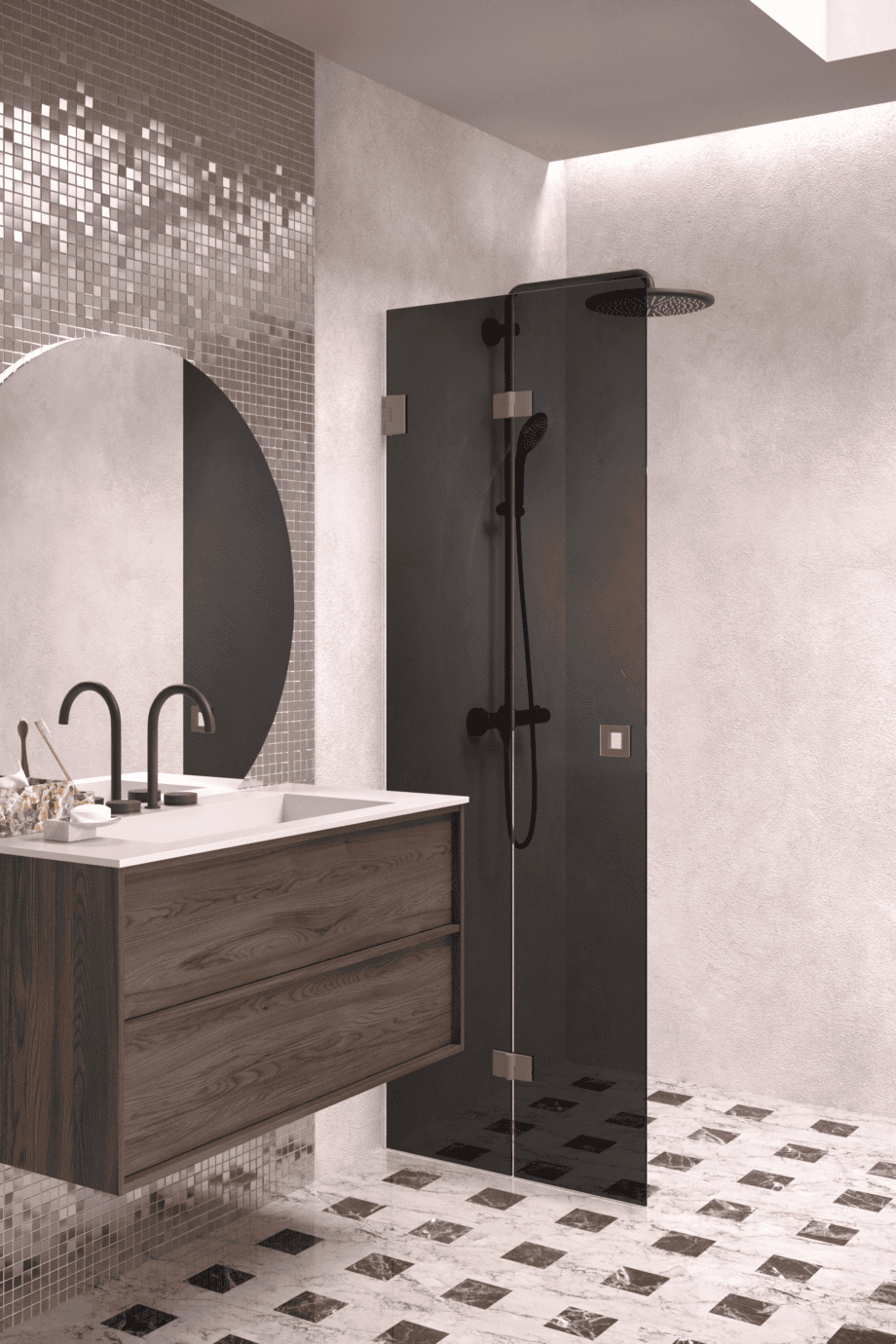 Folding shower screen Hietakari Vetro 513, Mocha fittings, black glass Folding shower screen Hietakari Vetro 513, Mocha fittings, black glass