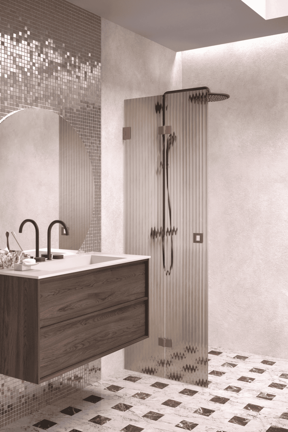 Folding shower screen Hietakari Vetro 513, Mocha fittings, brown reeded glass Folding shower screen Hietakari Vetro 513, Mocha fittings, brown reeded glass