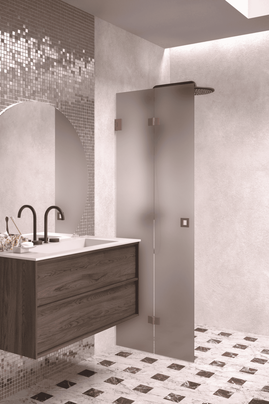 Folding shower screen Hietakari Vetro 513, Mocha fittings, brown satin glass Folding shower screen Hietakari Vetro 513, Mocha fittings, brown satin glass