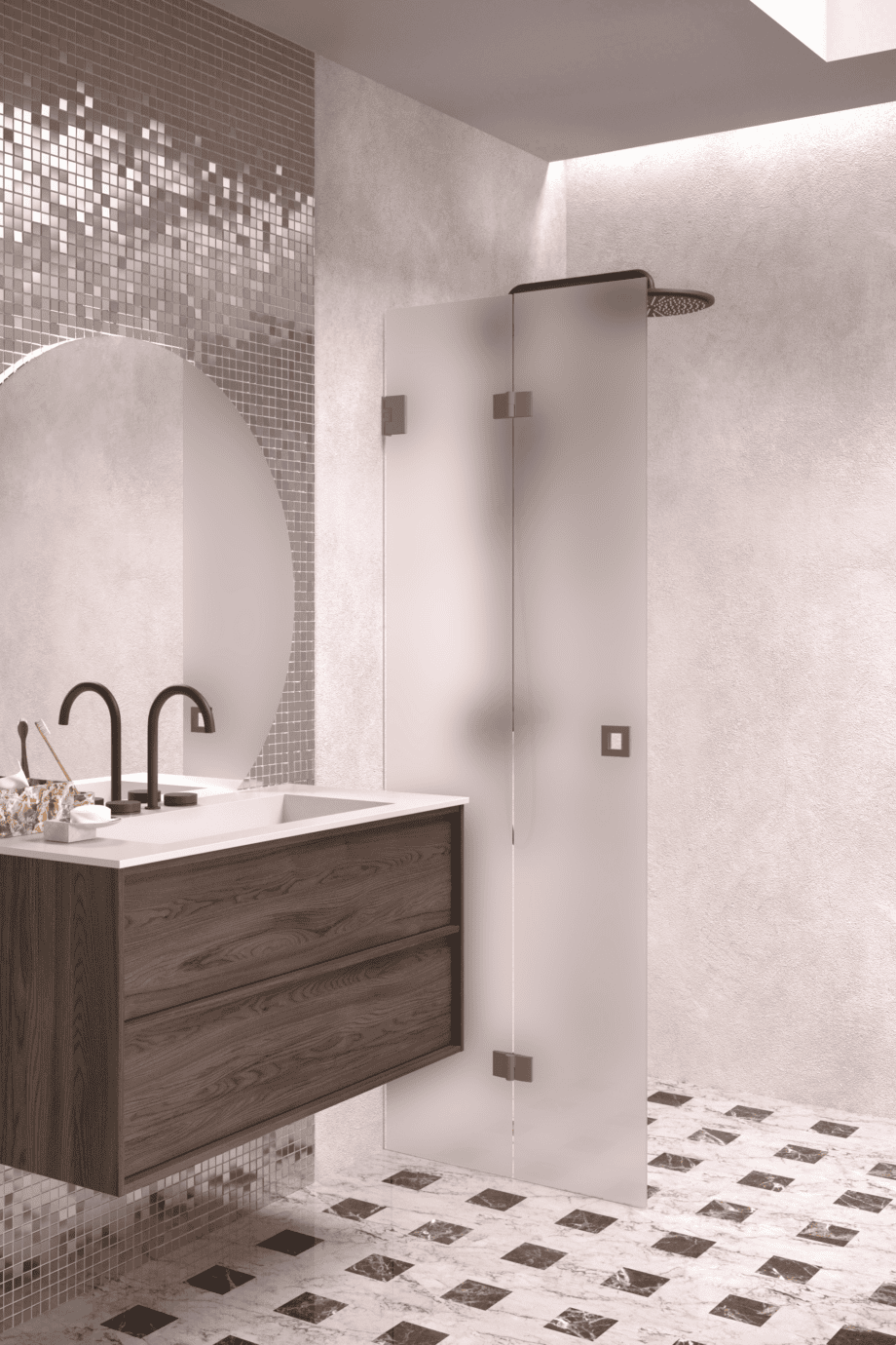Folding shower screen Hietakari Vetro 513, Mocha fittings, super bright satin glass Folding shower screen Hietakari Vetro 513, Mocha fittings, super bright satin glass