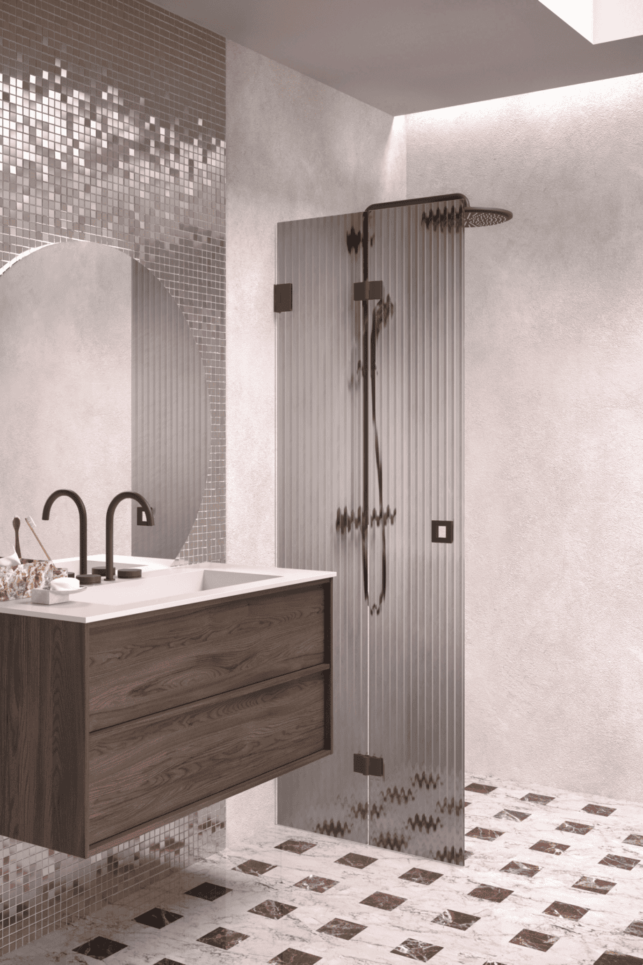 Folding shower screen Hietakari Vetro 513, black fittings, grey reeded glass Folding shower screen Hietakari Vetro 513, black fittings, grey reeded glass