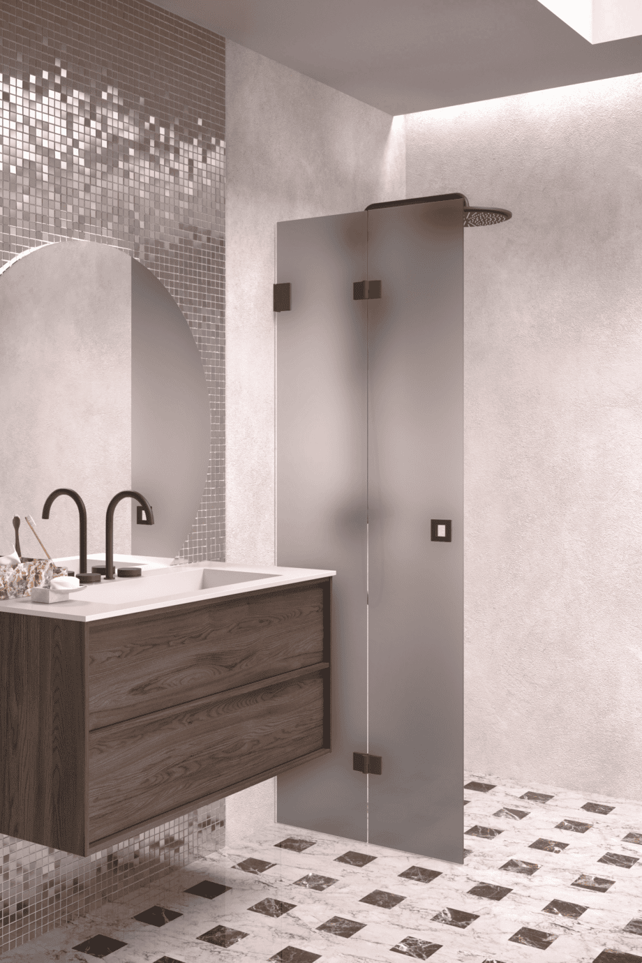 Folding shower screen Hietakari Vetro 513, black fittings, grey satin glass Folding shower screen Hietakari Vetro 513, black fittings, grey satin glass
