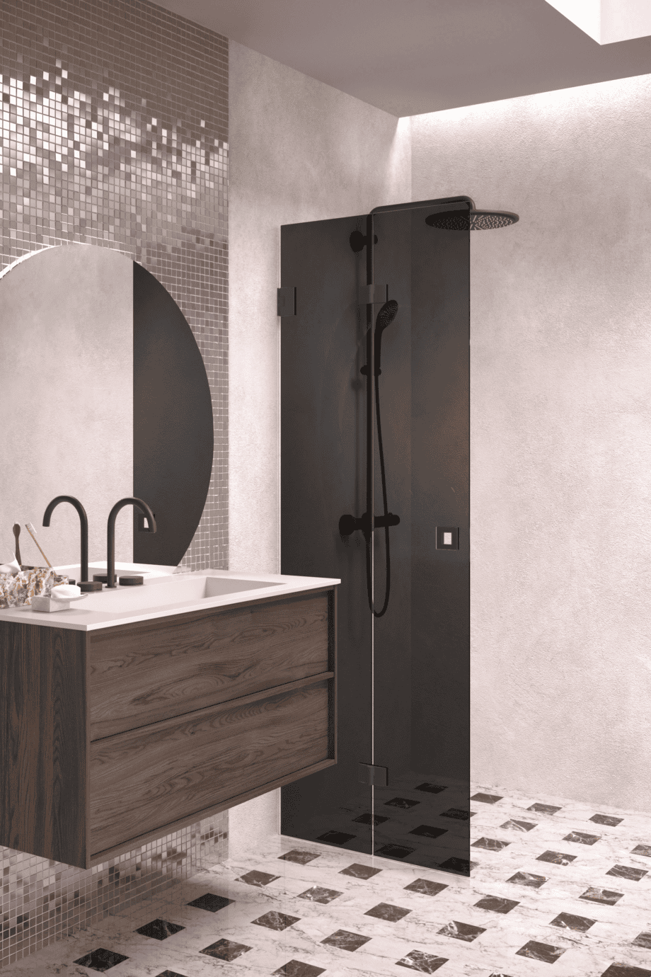 Folding shower screen Hietakari Vetro 513, black fittings, black glass Folding shower screen Hietakari Vetro 513, black fittings, black glass