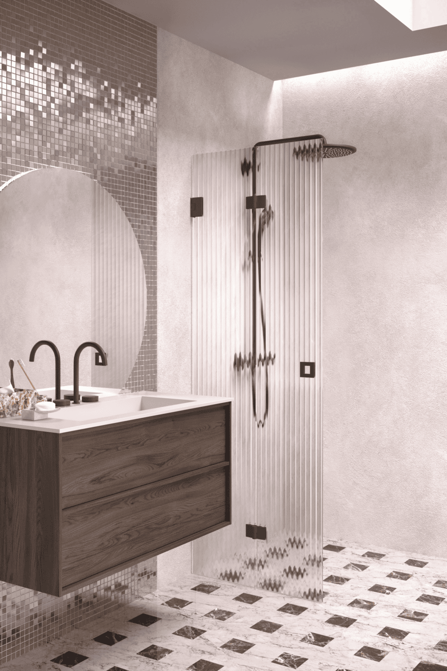 Folding shower screen Hietakari Vetro 513, black fittings, reeded glass Folding shower screen Hietakari Vetro 513, black fittings, reeded glass