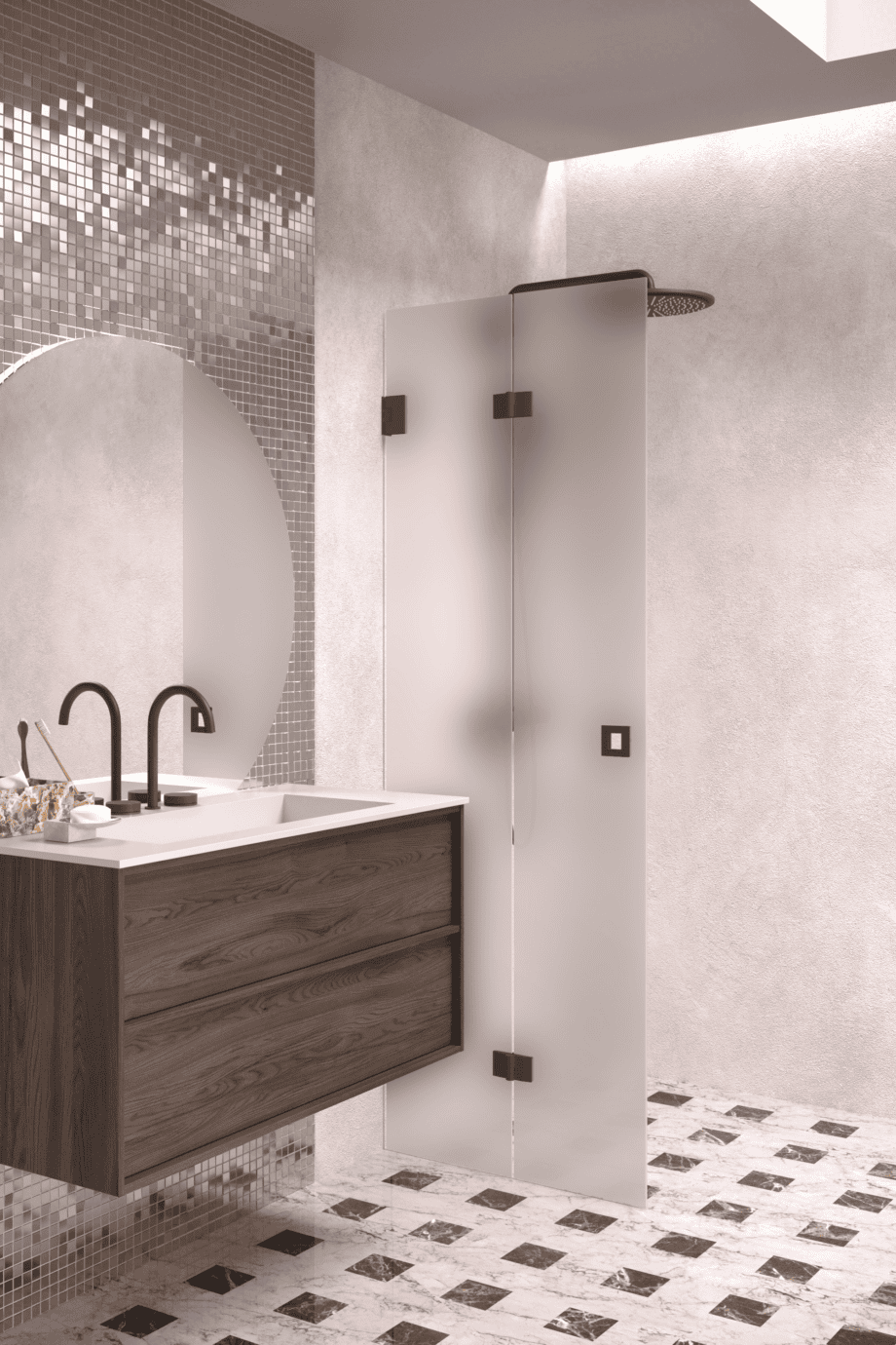 Folding shower screen Hietakari Vetro 513, black fittings, satin frosted glass Folding shower screen Hietakari Vetro 513, black fittings, satin frosted glass