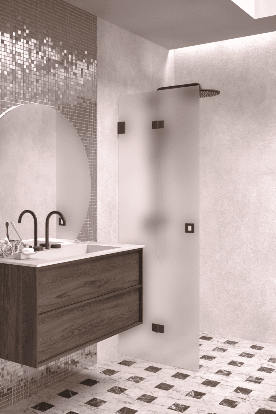 Folding shower screen Hietakari Vetro 513, black fittings, super bright satin glass Folding shower screen Hietakari Vetro 513, black fittings, super bright satin glass