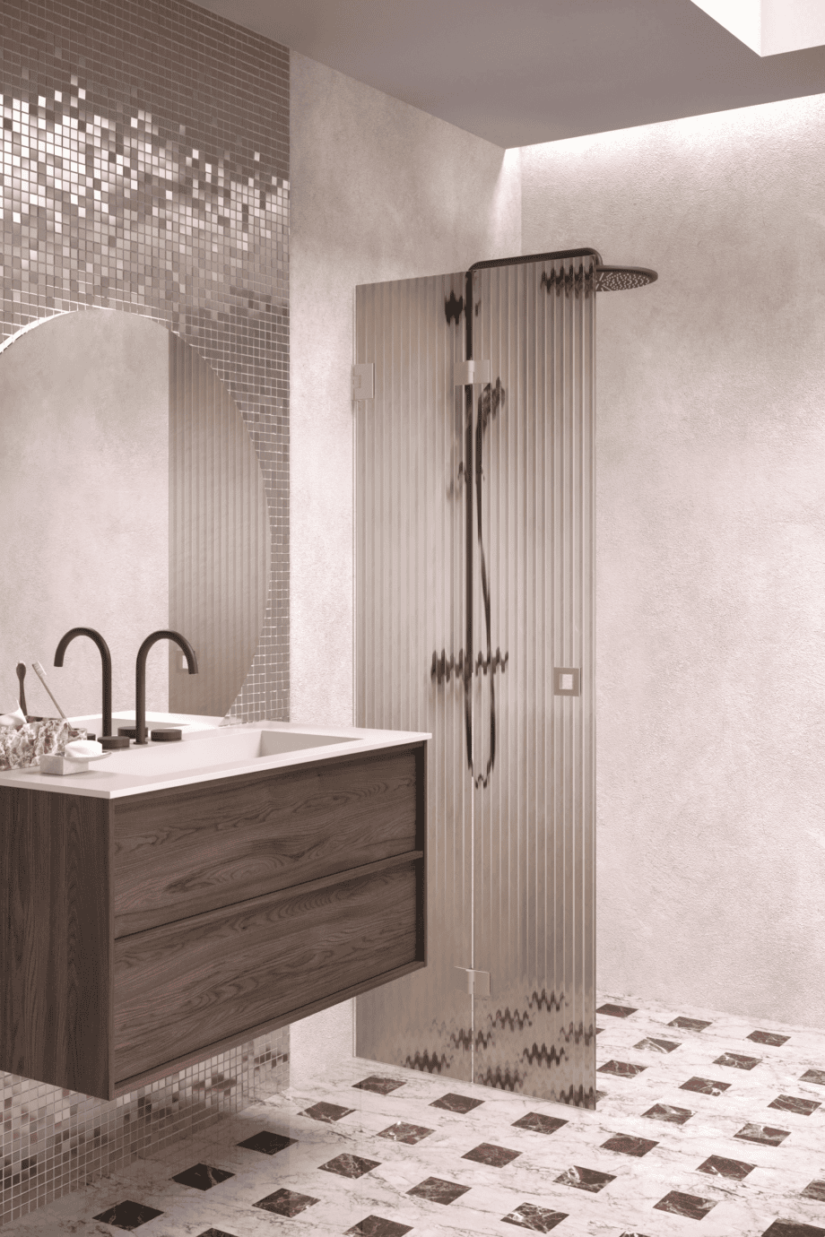Folding shower screen Hietakari Vetro 513, Sand fittings, brown reeded glass Folding shower screen Hietakari Vetro 513, Sand fittings, brown reeded glass