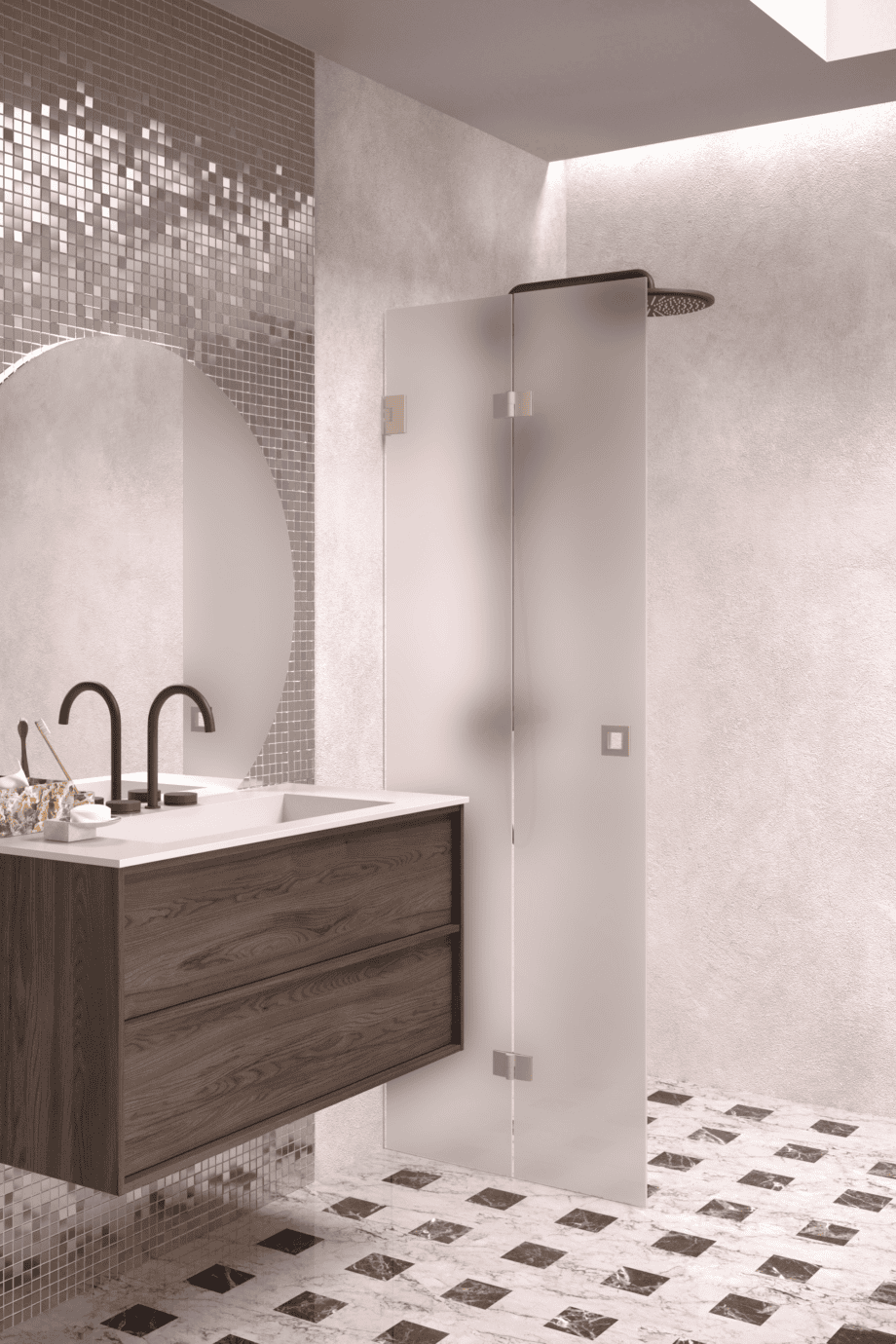 Folding shower screen Hietakari Vetro 513, Sand fittings, satin frosted glass Folding shower screen Hietakari Vetro 513, Sand fittings, satin frosted glass