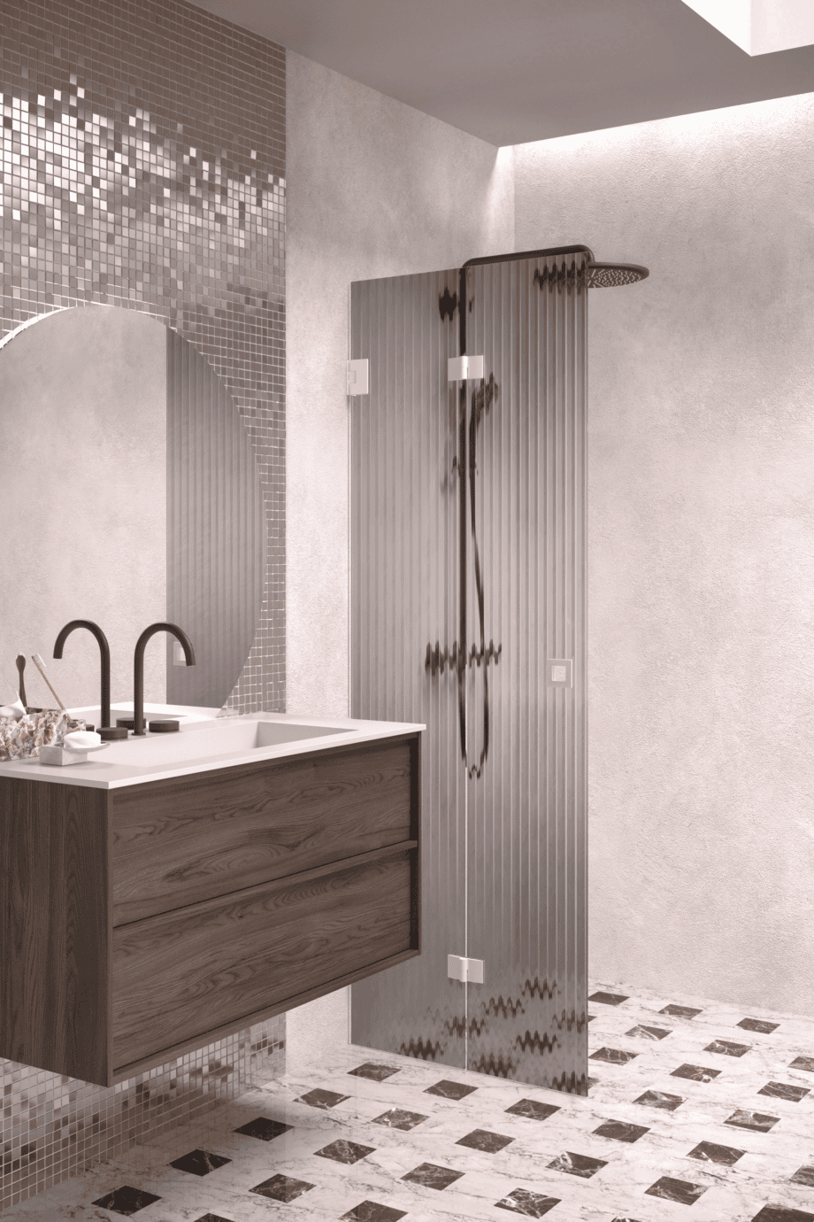 Folding shower screen Hietakari Vetro 513, white fittings, grey reeded glass Folding shower screen Hietakari Vetro 513, white fittings, grey reeded glass