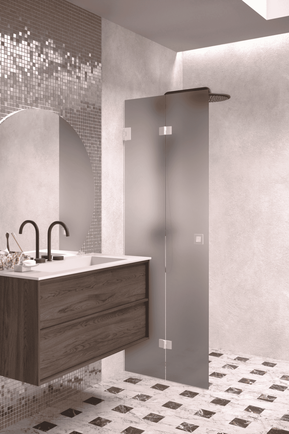 Folding shower screen Hietakari Vetro 513, white fittings, grey satin glass Folding shower screen Hietakari Vetro 513, white fittings, grey satin glass