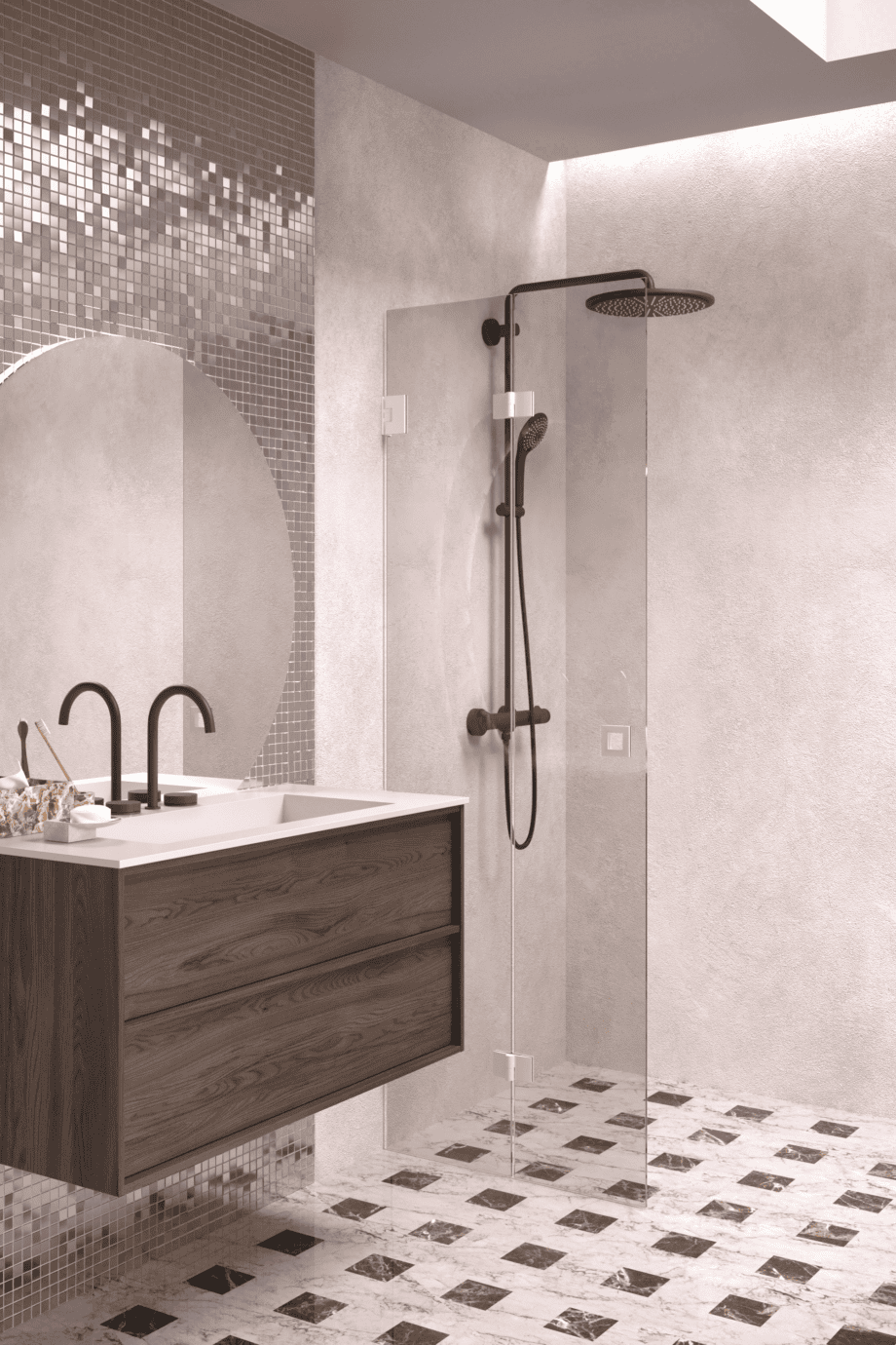 Folding shower screen Hietakari Vetro 513, white fittings, bronze tinted glass Folding shower screen Hietakari Vetro 513, white fittings, bronze tinted glass