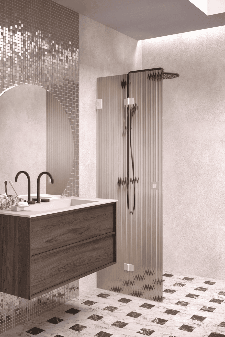 Folding shower screen Hietakari Vetro 513, white fittings, brown reeded glass Folding shower screen Hietakari Vetro 513, white fittings, brown reeded glass