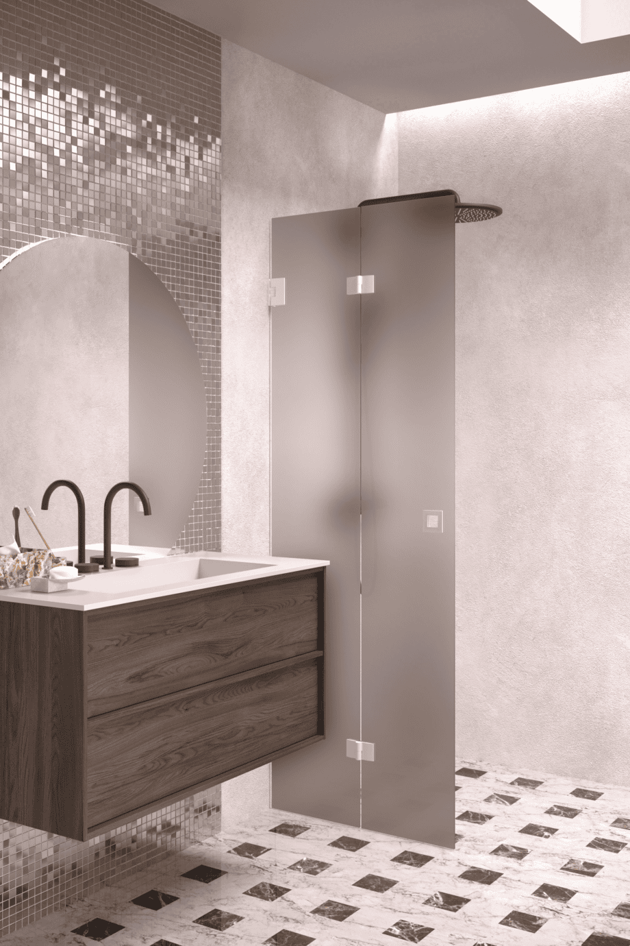 Folding shower screen Hietakari Vetro 513, white fittings, brown satin glass Folding shower screen Hietakari Vetro 513, white fittings, brown satin glass