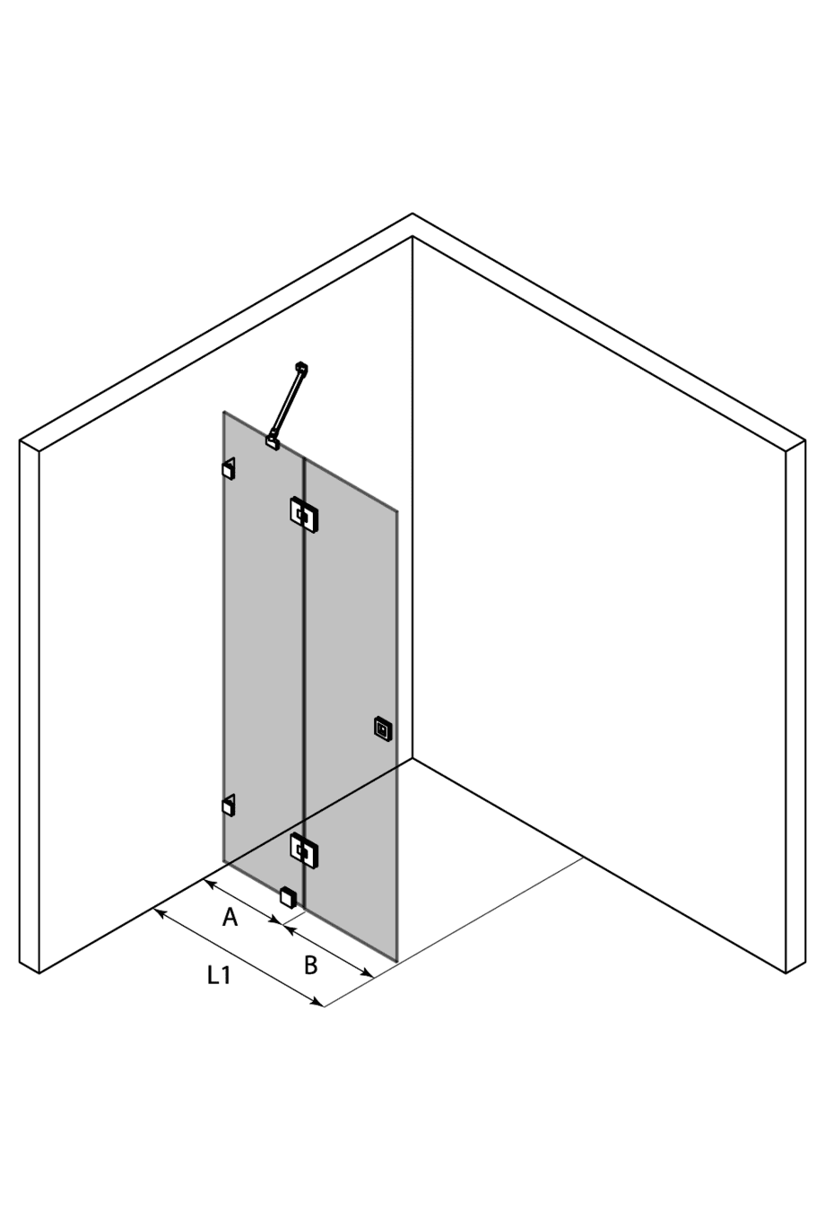 Hinged shower screen with fixed part Hietakari Vetro 514 – 3D drawing Hinged shower screen with fixed part Hietakari Vetro 514 – 3D drawing