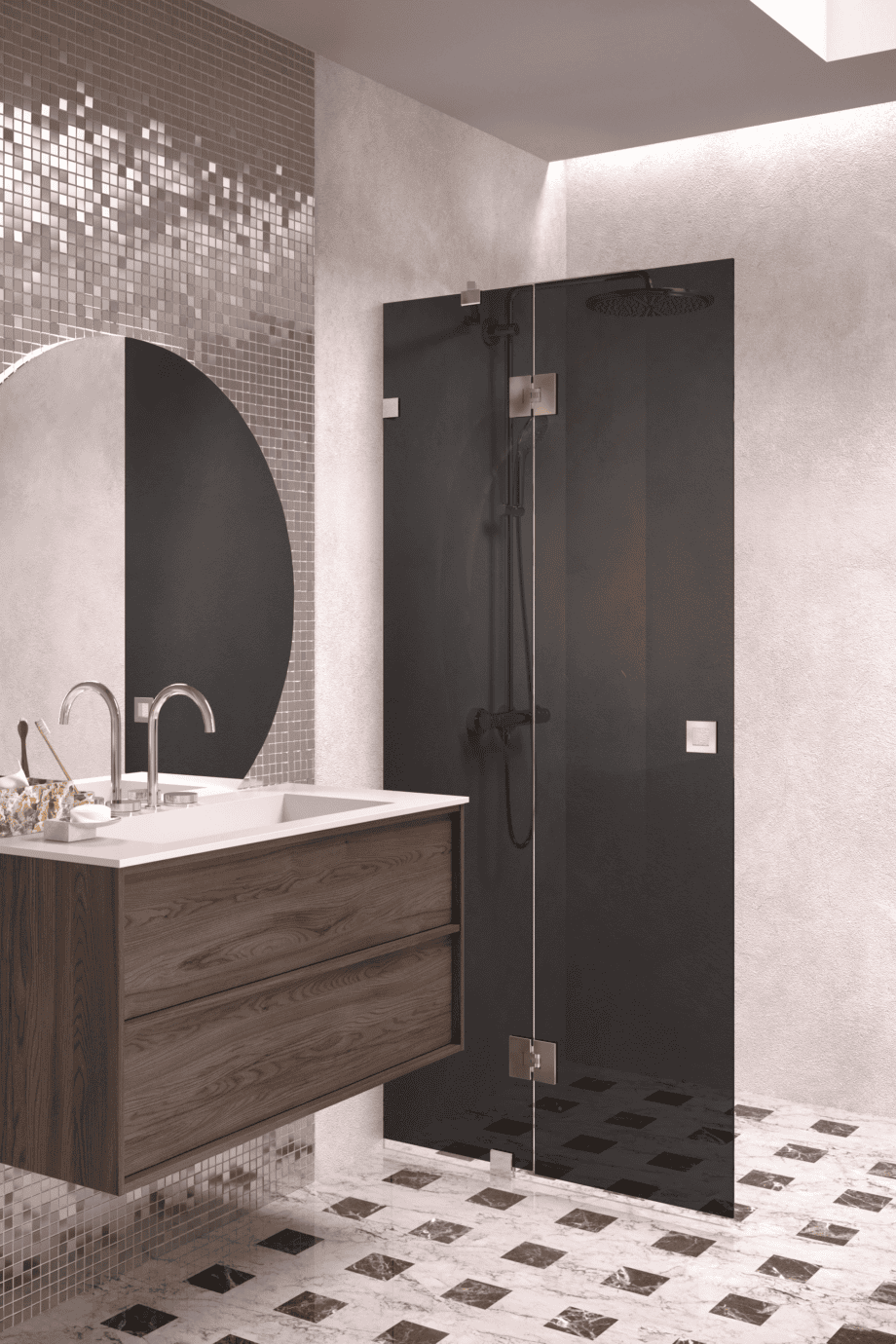 Hinged shower screen with fixed part Hietakari Vetro 514, chrome fittings, black glass Hinged shower screen with fixed part Hietakari Vetro 514, chrome fittings, black glass