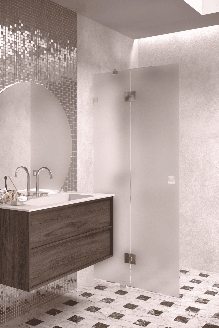 Hinged shower screen with fixed part Hietakari Vetro 514, chrome fittings, satin frosted glass Hinged shower screen with fixed part Hietakari Vetro 514, chrome fittings, satin frosted glass