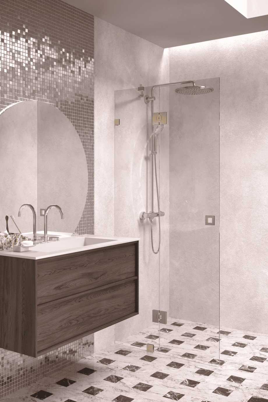 Hinged shower screen with fixed part Hietakari Vetro 514, brass fittings, clear glass Hinged shower screen with fixed part Hietakari Vetro 514, brass fittings, clear glass