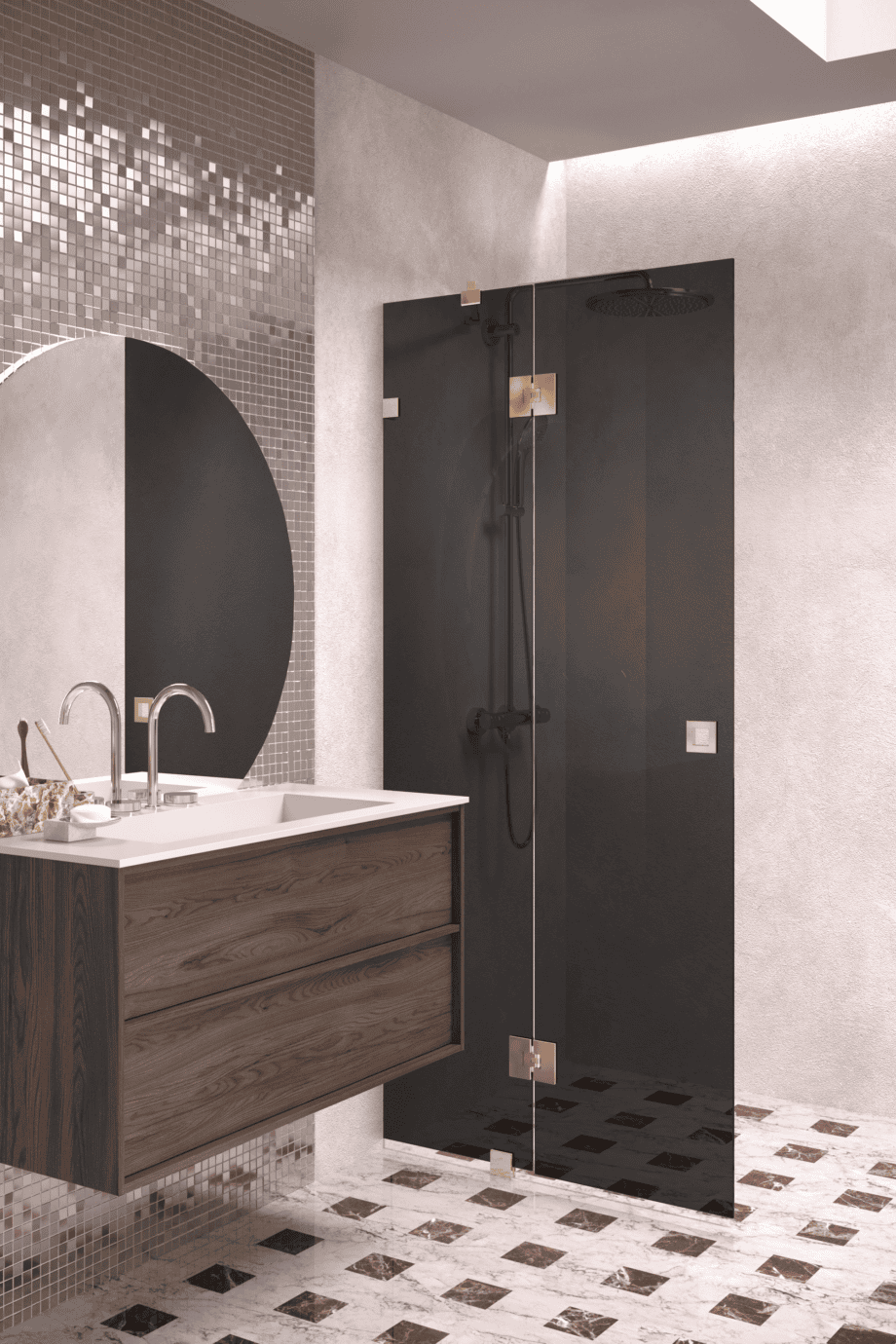 Hinged shower screen with fixed part Hietakari Vetro 514, brass fittings, black glass Hinged shower screen with fixed part Hietakari Vetro 514, brass fittings, black glass