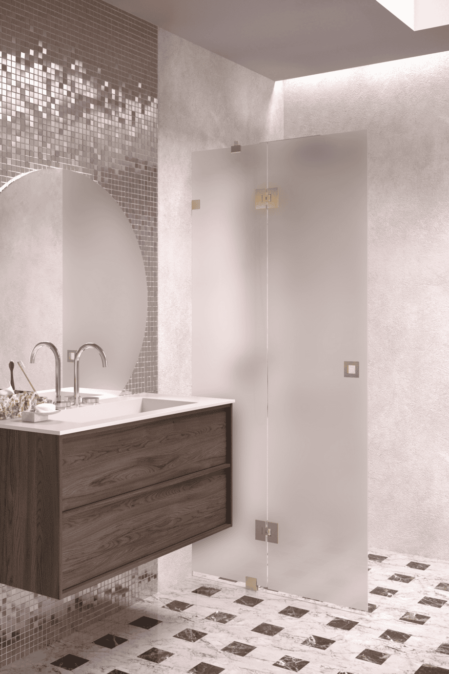 Hinged shower screen with fixed part Hietakari Vetro 514, brass fittings, satin frosted glass Hinged shower screen with fixed part Hietakari Vetro 514, brass fittings, satin frosted glass