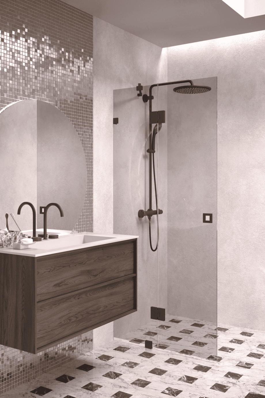 Hinged shower screen with fixed part Hietakari Vetro 514, black fittings, grey tinted glass Hinged shower screen with fixed part Hietakari Vetro 514, black fittings, grey tinted glass
