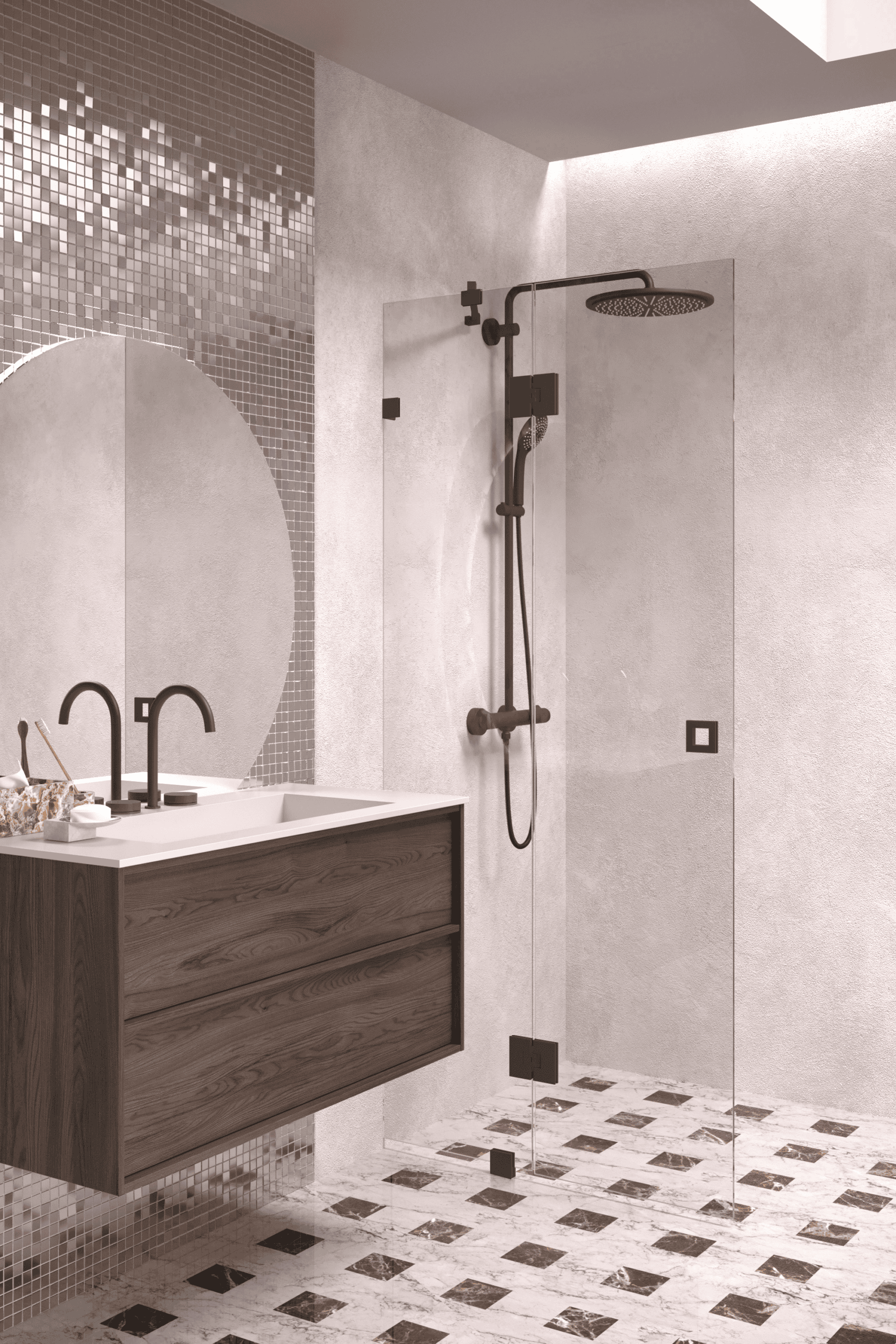 Hinged shower screen with fixed part Hietakari Vetro 514, black fittings, clear glass Hinged shower screen with fixed part Hietakari Vetro 514, black fittings, clear glass