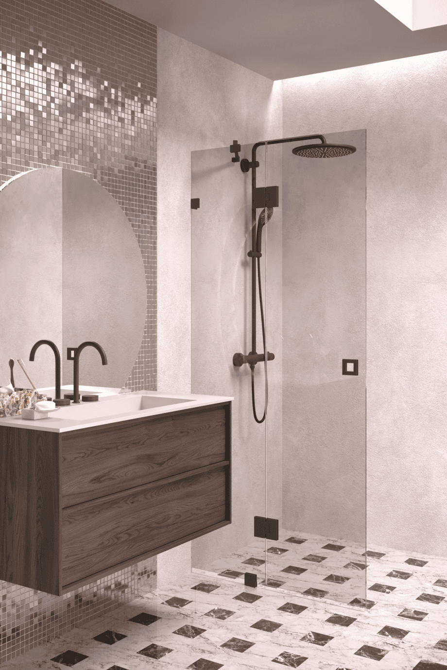 Hinged shower screen with fixed part Hietakari Vetro 514, black fittings, bronze tinted glass Hinged shower screen with fixed part Hietakari Vetro 514, black fittings, bronze tinted glass