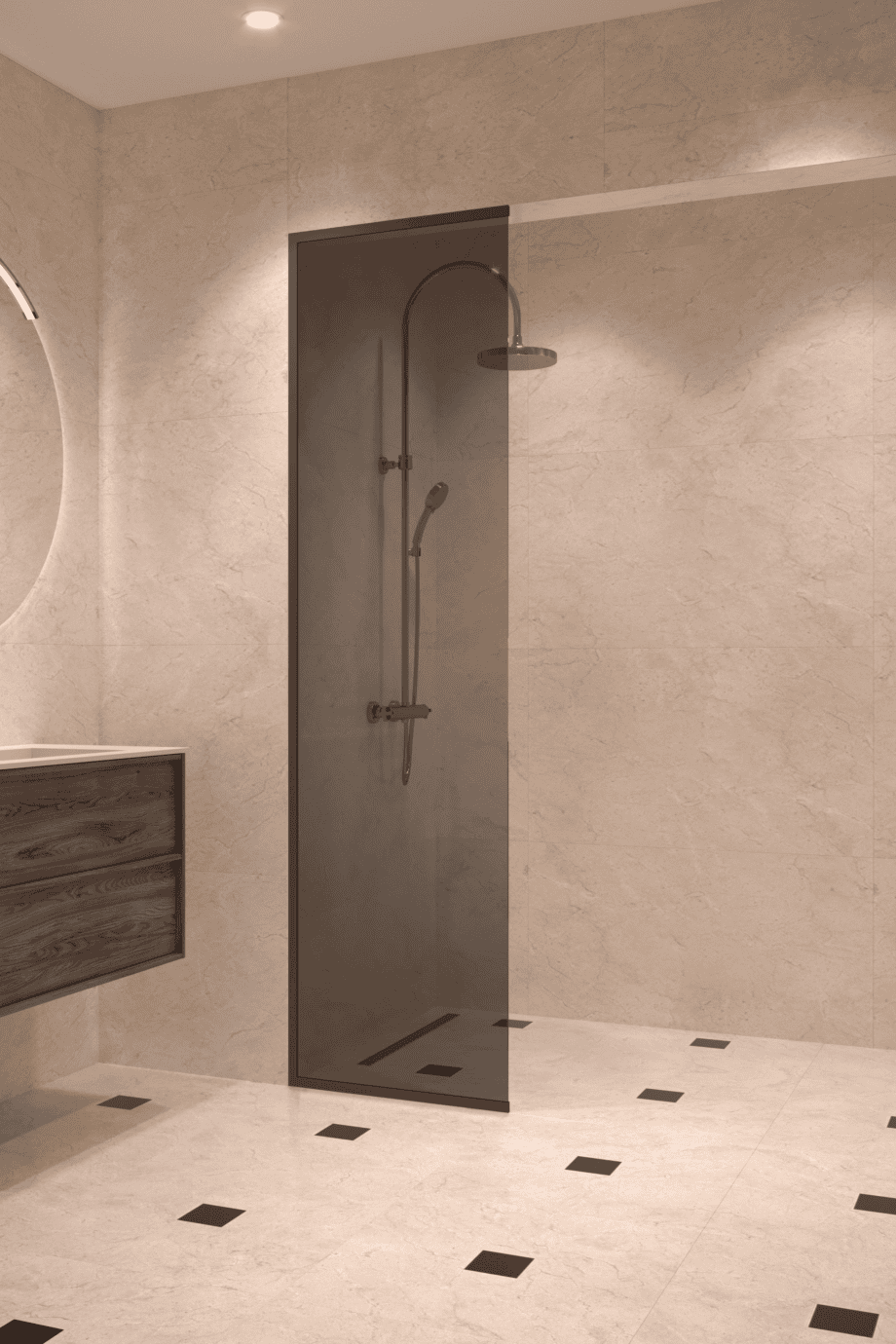 Framed fixed shower screen Hietakari Vetro 516, Cocoa fittings, black glass Framed fixed shower screen Hietakari Vetro 516, Cocoa fittings, black glass