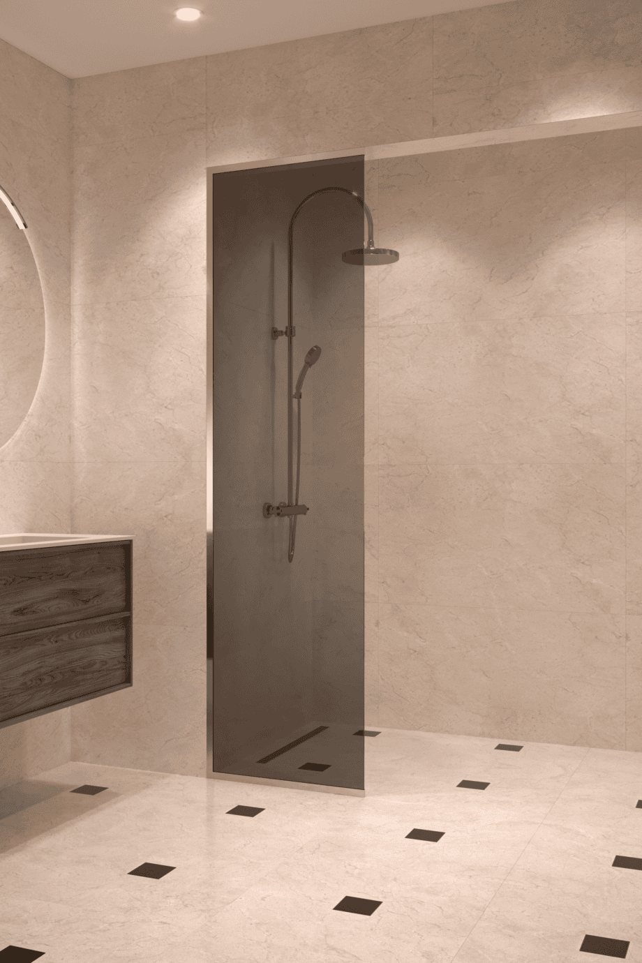 Framed fixed shower screen Hietakari Vetro 516, brass fittings, black glass Framed fixed shower screen Hietakari Vetro 516, brass fittings, black glass