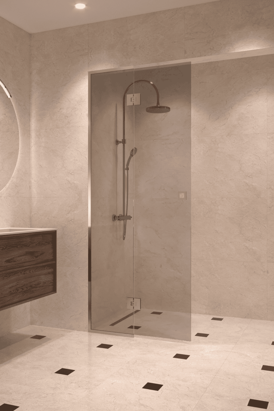 Framed shower screen with fixed part Hietakari Vetro 517, brass fittings, grey tinted glass Framed shower screen with fixed part Hietakari Vetro 517, brass fittings, grey tinted glass