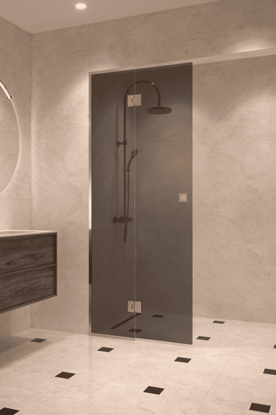 Framed shower screen with fixed part Hietakari Vetro 517, brass fittings, black glass Framed shower screen with fixed part Hietakari Vetro 517, brass fittings, black glass