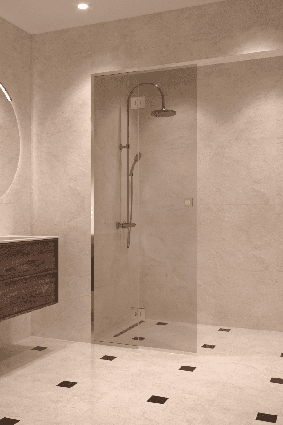 Framed shower screen with fixed part Hietakari Vetro 517, brass fittings, bronze tinted glass Framed shower screen with fixed part Hietakari Vetro 517, brass fittings, bronze tinted glass