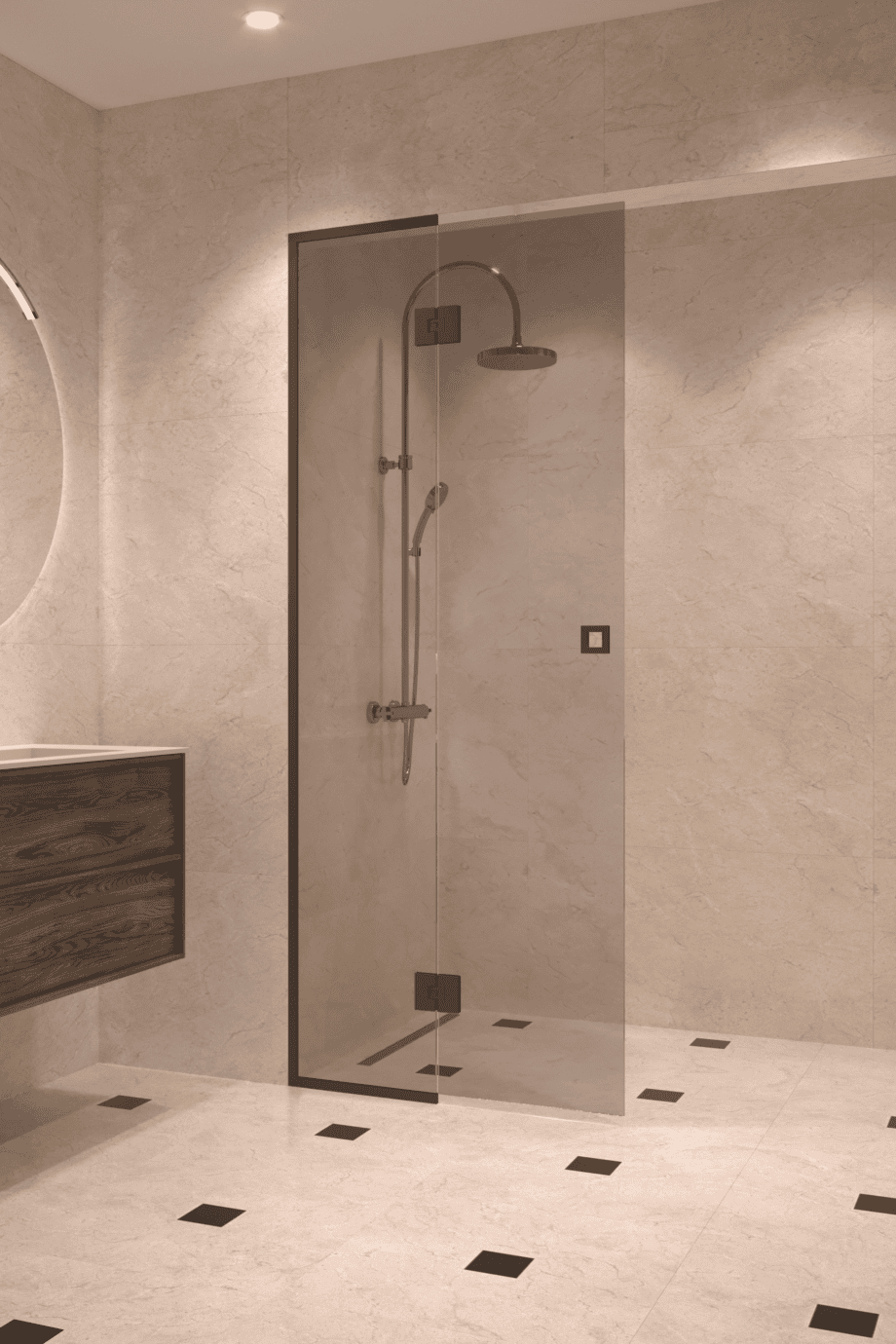 Framed shower screen with fixed part Hietakari Vetro 517, black fittings, grey tinted glass Framed shower screen with fixed part Hietakari Vetro 517, black fittings, grey tinted glass