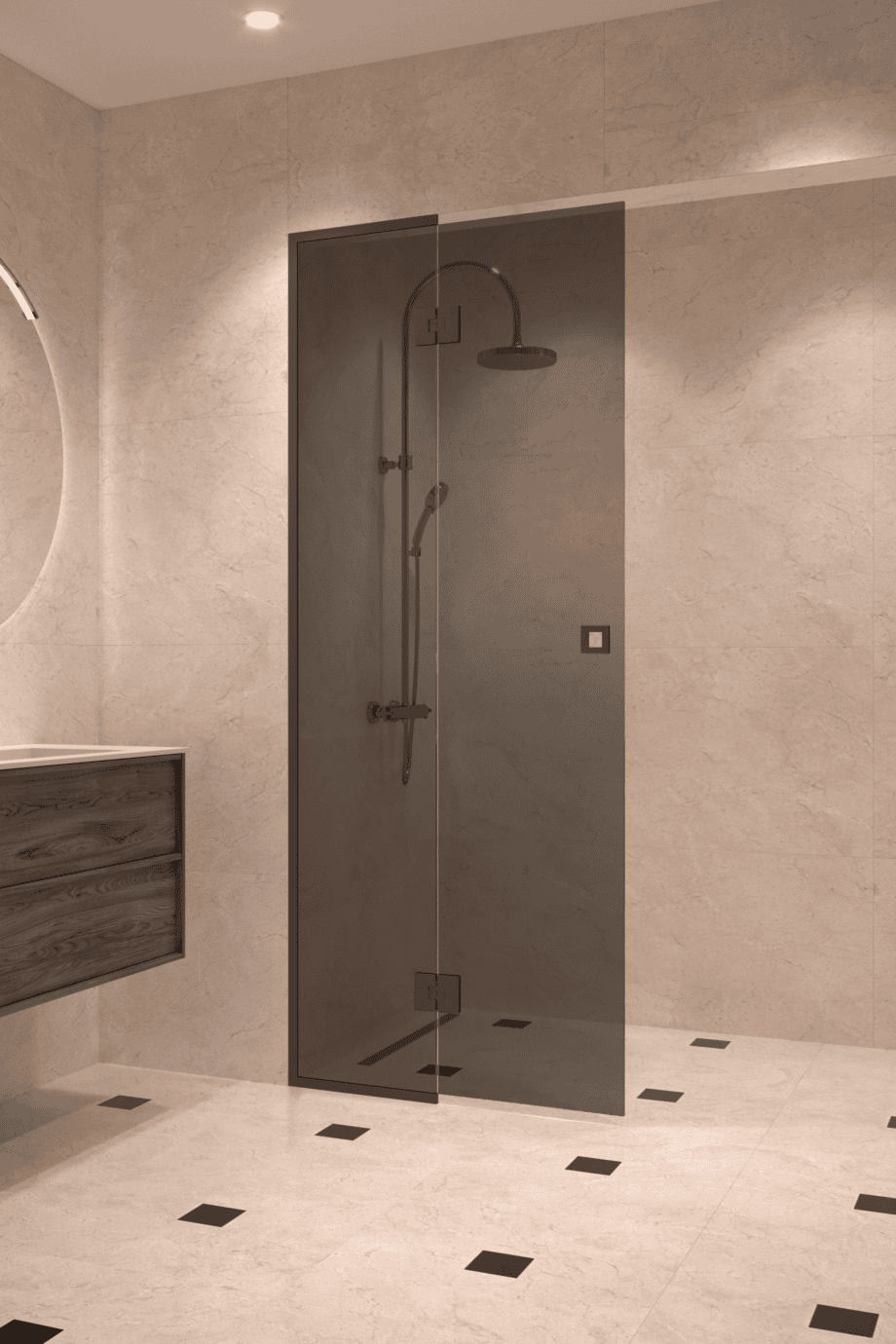 Framed shower screen with fixed part Hietakari Vetro 517, black fittings, black glass Framed shower screen with fixed part Hietakari Vetro 517, black fittings, black glass